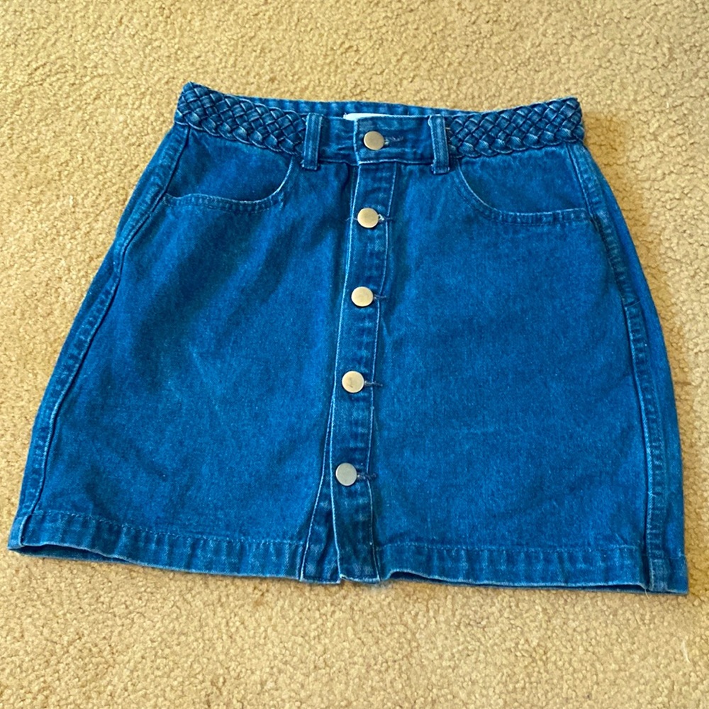 Honey Punch Button Up Braided Waist Jean Skirt